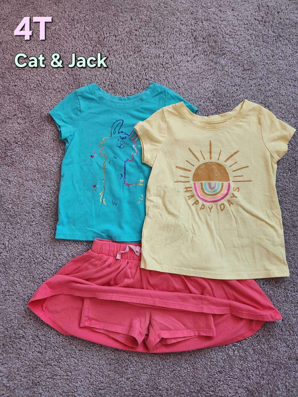 Cat & Jack Kids' 3-Piece Outfit Set - Yellow & Teal Tees w/ Coral Skirt - 4T